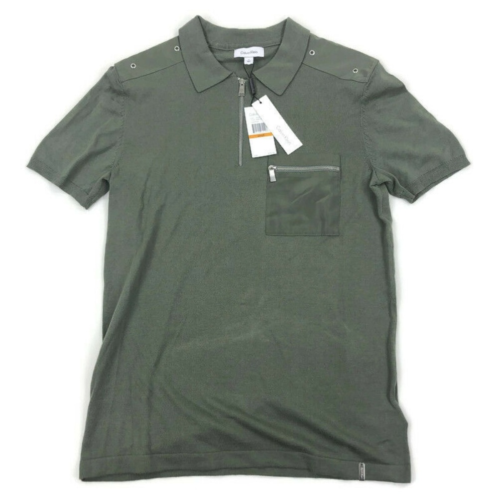 Calvin Klein Mens Polo Shirt Zip Neck Rivets Green